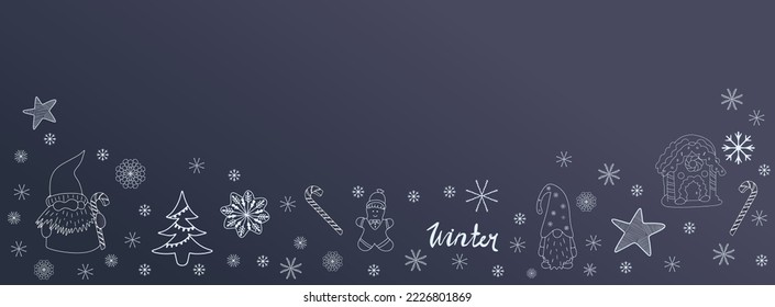 Fondo de carteles de navidad Doodle con patrón, garabato, árbol, jengibre, santa, estrella y espacio de texto