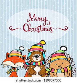 Doodle Christmas card with funny dressed animals, fox, hedgehog and bear