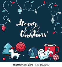 Doodle christmas card with Merry christmas lettering. Hand drawn images of garland, hot chocolate, deer, lollipop, christmas tree. Holiday vector card with lettering.