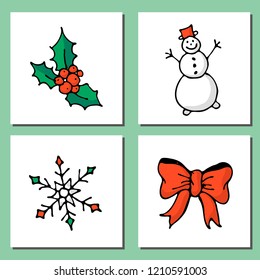 Doodle Christmas cards Set. Cute hand drawn design elements for you. Merry Christmas and New Year symbols. Vector illustration