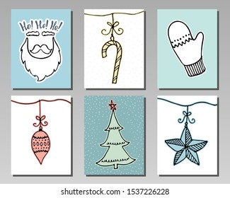 Doodle Christmas cards Set. Cute hand drawn winter design elements for poster, banner or invitation. New Year symbols. Vector illustration