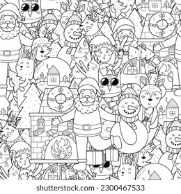 Doodle Christmas characters black and white seamless pattern. Cute coloring page with funny Santa, snowman and more. Vector illustration