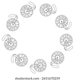 Navidades Doodle marco circular con relojes. Ilustración dibujada a mano de Vector para empaques de vacaciones, etiquetas festivas, decoración de invierno y diseño estacional aislado en blanco con espacio de copia