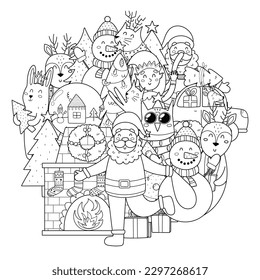 Doodle Christmas circle shape pattern for coloring book. Cute mandala with funny Christmas characters like Santa, snowman and more. Vector illustration