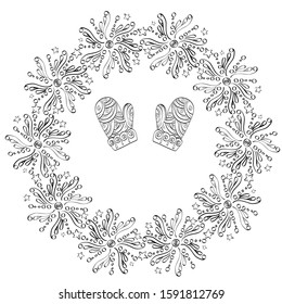 Doodle Christmas composition with mitten and snowflakes