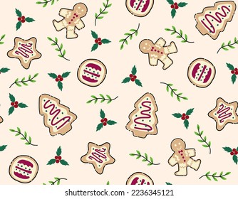 Doodle Christmas cookies seamless pattern (background, wallpapers, fabric)