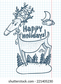 Doodle Christmas deer with winter greeting