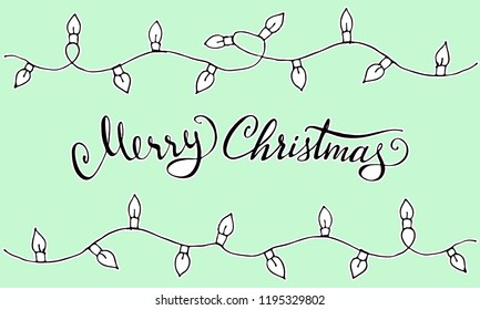 Doodle Christmas design elements. Cute hand drawn garland. Merry Christmas and New Year symbols, lettering. Vector illustration