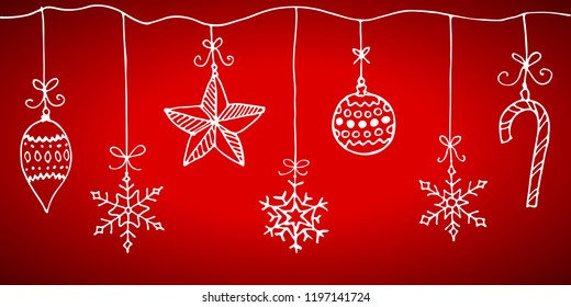 Doodle Christmas design elements. Cute hand drawn garland. Merry Christmas and New Year symbols, lettering. Vector illustration
