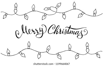Doodle Christmas design elements. Cute hand drawn garland. Merry Christmas and New Year symbols, lettering. Vector illustration