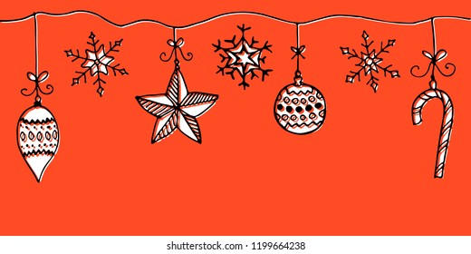Doodle Christmas design elements. Cute hand drawn garland. Merry Christmas and New Year symbols, lettering. Vector illustration