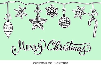 Doodle Christmas design elements. Cute hand drawn garland. Merry Christmas and New Year symbols, lettering. Vector illustration