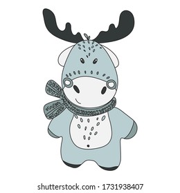Doodle Christmas element of christmas cute cartoon deer in a scarf. Vector item. Stock illustration with new year decor isolated on white background. Design for prints, cards, textile ets.