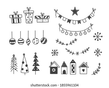 Des éléments de Noël aux gribouillis. Ensemble dessiné à la main. Collection de motifs.