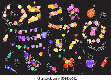 Doodle Christmas elements. Hand drawn set. Patterns collection.