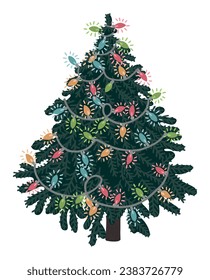 Doodle of Christmas fir tree. Cartoon clipart of spruce decorated garland. Vector illustration isolated on white background.