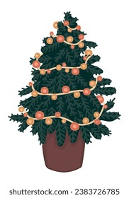 Doodle of Christmas fir tree. Cartoon clipart of spruce decorated garland. Vector illustration isolated on white background.