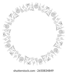 Doodle Christmas frame with birds, baubles, clocks, bells. Vector hand drawn illustration for holiday packaging, festive labels, winter decor and seasonal design isolated on white with copy space