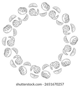 Doodle Christmas frame with tangerine, mandarine citrus slices. Vector hand drawn illustration for holiday packaging, festive labels, winter decor and seasonal design isolated on white with copy space
