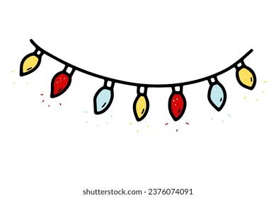 Doodle Christmas Garland. Hand-drawn festoon isolated on white background. Color festive decoration with light bulbs candles. Vector illustration for a holiday, birthday, winter party, advertisement