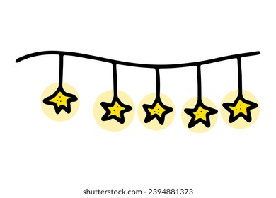 Doodle Christmas Garland. Hand-drawn festoon isolated on white background. Color festive decoration with stars light bulbs. Vector illustration for a holiday, birthday, winter party, advertisement