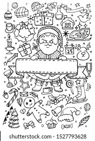 Doodle christmas hand drawn with santa claus . vector illustration