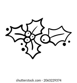 Doodle christmas holly in vector. Idea for design of cards, background, pattern, set or childrens illustration.