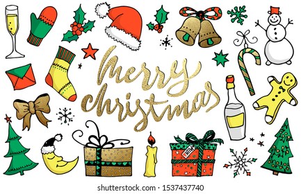 Doodle Christmas icon Set. Cute hand drawn clip art for winter design. New Year symbols, lettering. Vector illustration