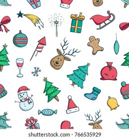 doodle christmas icons or elements in seamless pattern with doodle style