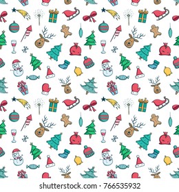 doodle christmas icons or elements in seamless pattern with doodle style on white background