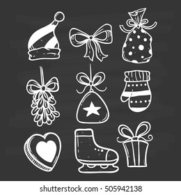 doodle christmas icons set with outline on chalkboard background