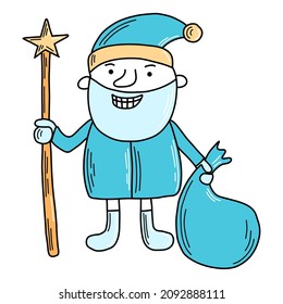 Doodle Christmas illustration with Santa Claus character with gift bag and staff with star in blue shades . Element for New Year's decor, fabric, print, wrapping paper, your own design. Vector, EPS 10