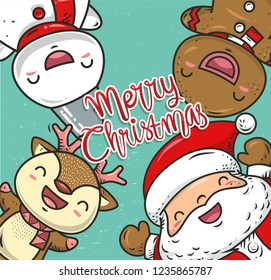 doodle christmas illustration of santa and friends