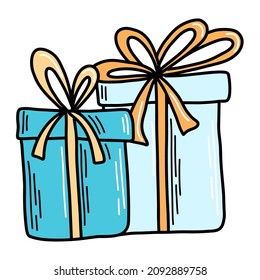 Doodle Christmas illustration with two gifts in blue shades with yellow. Element for New Year's decor, fabric, print, wrapping paper, your own design. Vector, EPS 10