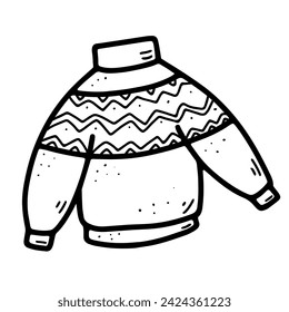Doodle Christmas knitted holiday sweater with ornament. Hand-drawn woolen pullover isolated on white background. Outline Happy New Year, Merry Christmas symbol. Vector cute winter festive illustration
