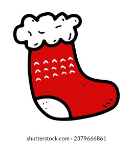 Doodle Christmas knitted stocking with gifts, ornament, fur. Hand-drawn holiday woolen sock present on white background. Happy New Year, Merry Christmas symbol. Vector cute winter festive illustration