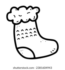 Doodle Christmas knitted stocking with gifts, ornament, fur. Hand-drawn holiday woolen sock present on white background. Happy New Year, Merry Christmas symbol. Vector cute winter festive illustration