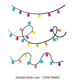 Doodle Christmas lights. Holiday festive xmas decoration. Colorful string fairy light set. Lightbulb glowing garland. Rainbow color. hand drawn design. White background. Isolated Vector 