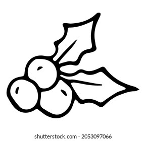 Doodle christmas mistletoe. Hand drawn vector illustration of berries with leaves. Black and white doodle christmas holly.