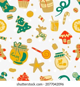 Doodle Christmas mood seamless pattern. Christmas treats, white background. Homemade sweets, honey, dried fruits, lollipops, gingersnap, figured pastries. Bright packaging delicious New Year food
