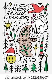 Doodle Christmas and New Year doodle characters in childish groovy Scandinavian style on color background. Noel winter festive elements. Bird, rabbit or bunny, Santa Claus hat, gift sock, different