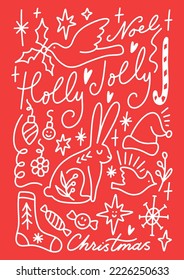 Doodle Christmas and New Year doodle characters in childish groovy Scandinavian style on red background. Noel winter festive elements. Bird, rabbit or bunny, Santa Claus hat, gift sock, different