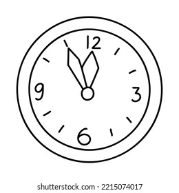 Doodle Christmas or New year clock shows five minutes to twelve. Cartoon element, vector sketch illustration, black outline art for web design, icon, print, coloring page
