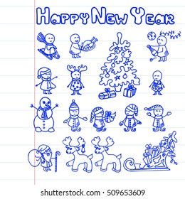 Doodle Christmas and New Year party background. Funny vector Illustration on notebook page. Set icons of cute children.