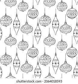Doodle Christmas Ornaments in black and white. Holiday seamless vector pattern hand-drawn outline baubles.
