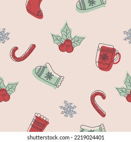 doodle christmas pattern with mittens, socks and mugs. 