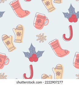 doodle christmas pattern with mittens, socks and mugs. 