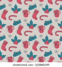 doodle christmas pattern with mittens, socks and mugs. 