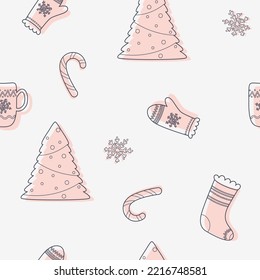 doodle christmas pattern with tree, mittens, socks and mugs. 