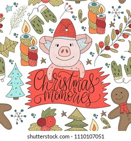 Doodle Christmas pig. Christmas vector seamless pattern with detailed holiday illustrations.Cute illustrations with colour cartoon pigs.